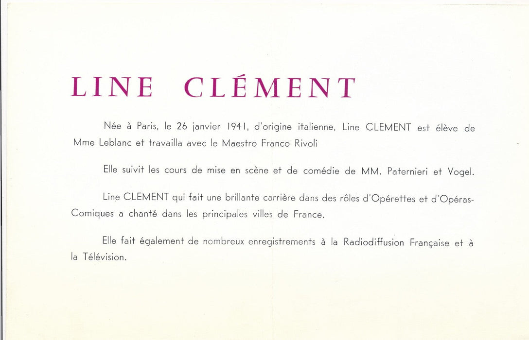 Line CLEMENT artiste lyrique opéra opérette photo photographie et fascicule
