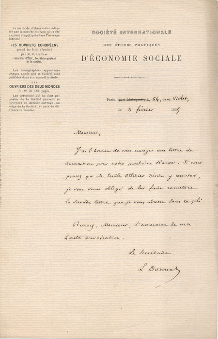 Léon DONNAT convoque invite Emile Ollivier lettre autographe signée 1865