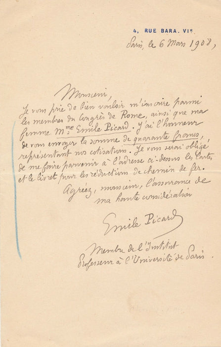 Charles Émile PICARD mathématicien inscription Congrès de Rome lettre autographe