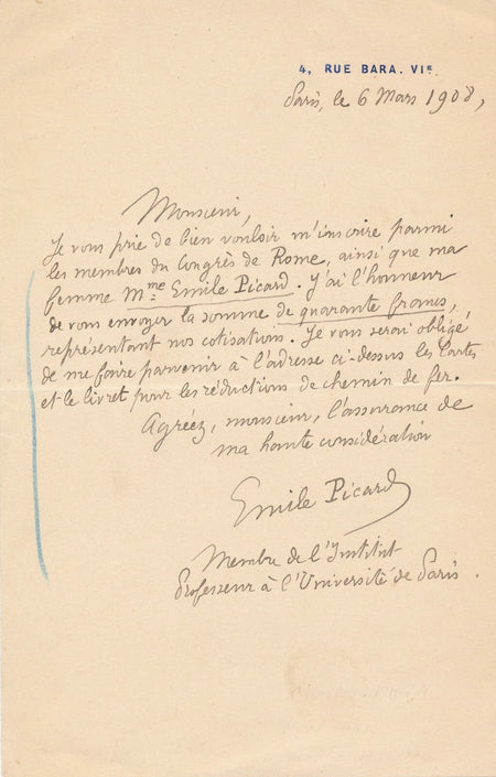 Charles Émile PICARD mathématicien inscription Congrès de Rome lettre autographe