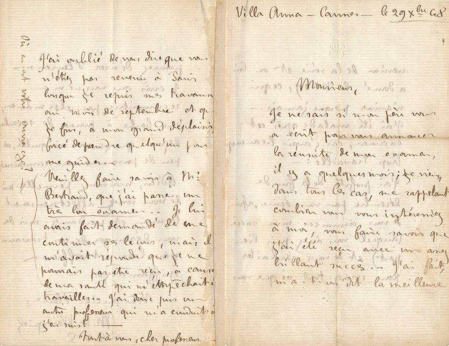 Famille WARESQUIEL lettre autographe de jeunesse signée "M." Cannes 1868