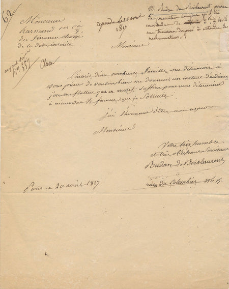 BUDAN DE BOISLAURENT mathématicien lettre autographe signée aide famille