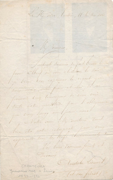 Anatole LIONNET frères jumeaux chanson lettre autographe signée Elbeuf Havre