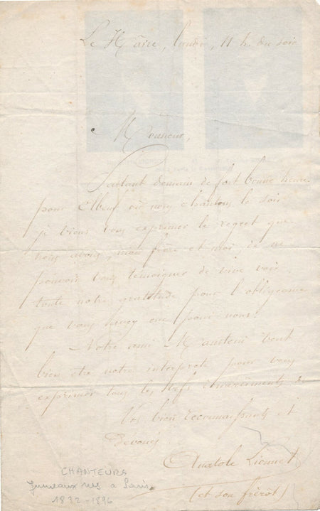 Anatole LIONNET frères jumeaux chanson lettre autographe signée Elbeuf Havre
