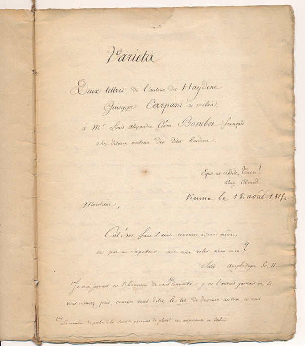 copie manuscrite 2 lettres Guiseppe Carpani Stendhal Haydine 1815 musique
