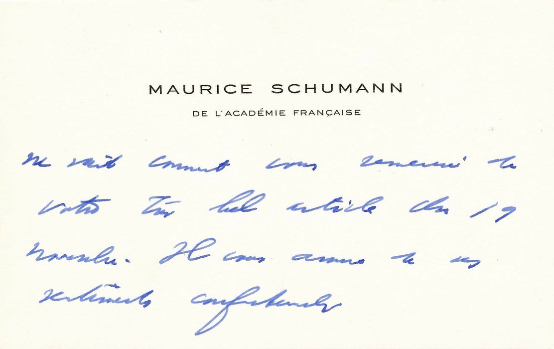 écrivain Maurice Schumann carte autographe signée remerciements