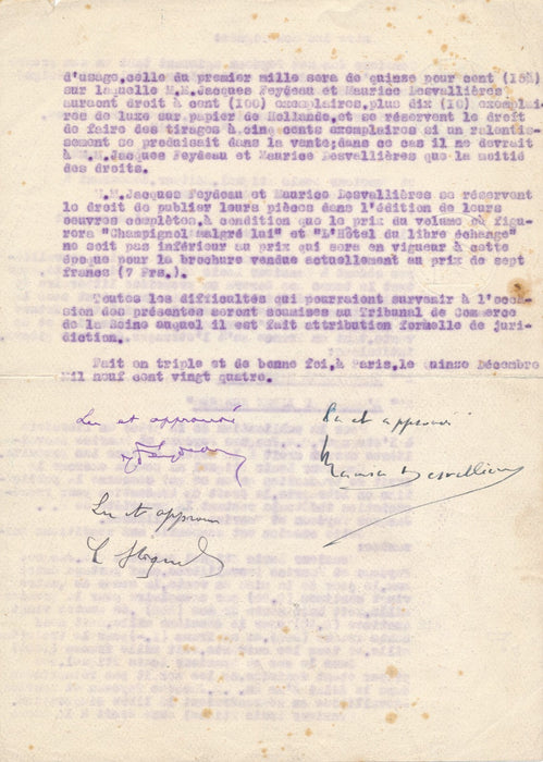Maurice DESVALLIERES Jacques FEYDEAU L. STIGUEL pièce signée droits Champignol