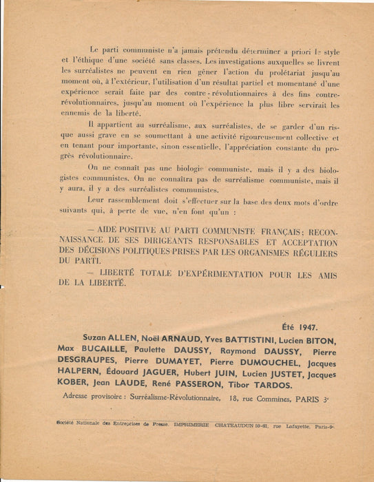 Manifeste surréalistes-révolutionnaires surréalisme Révolution 1947 Breton