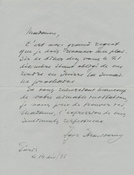 Igor STRAVINSKY lettre autographe signée à cantatrice Vera Nimidoff