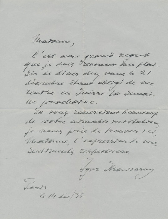 Igor STRAVINSKY lettre autographe signée à cantatrice Vera Nimidoff