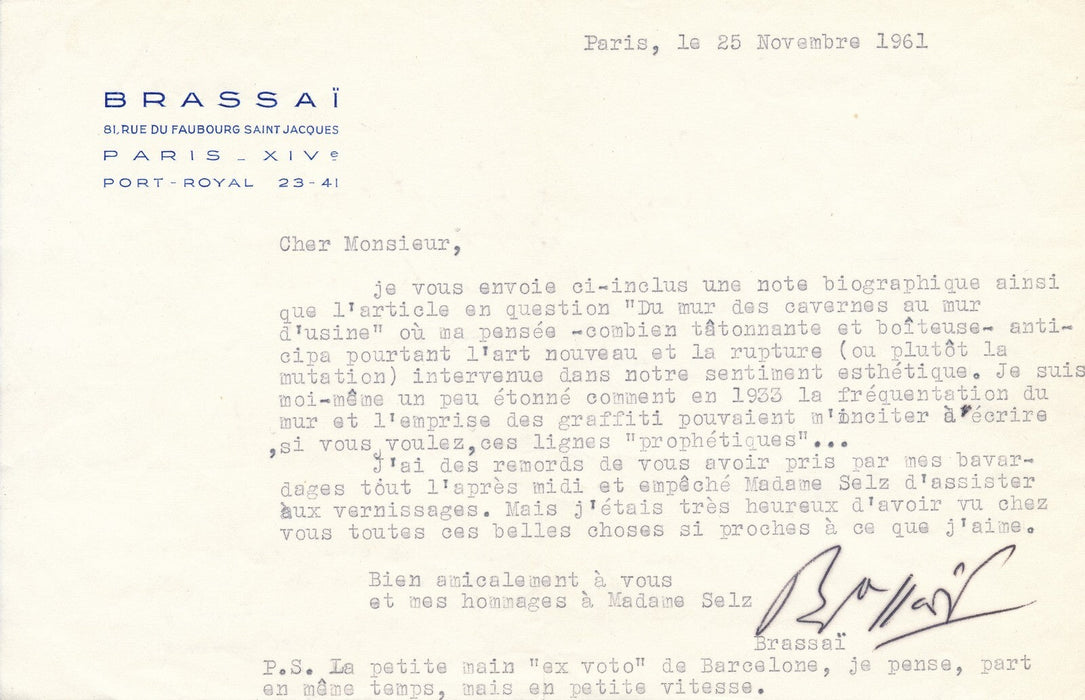 Graffiti : BRASSAÏ et ses lignes prophétiques : lettre dactylographiée signée