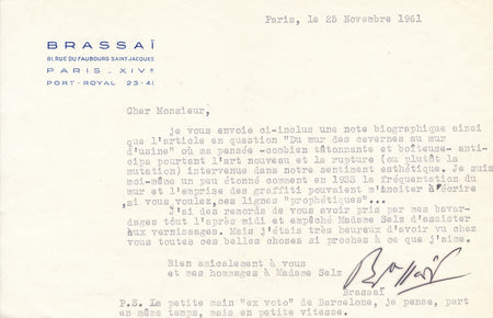 Graffiti : BRASSAÏ et ses lignes prophétiques : lettre dactylographiée signée