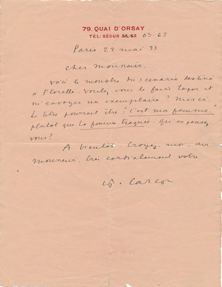 Francis CARCO écrivain lettre autographe signée manuscrit C'est ma femme