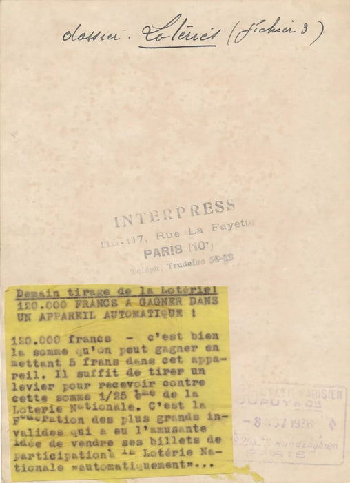 Loterie nationale 11 photo photographie v. 1930-40 belle documentation