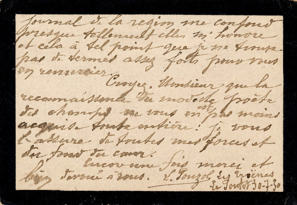 poésie L. Pouzol, poète, actif vers 1930 carte autographe signée