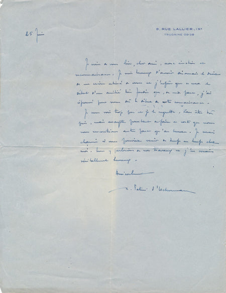 René Patris d'Uckermann Hébert lettre autographe signée amitié Marcel Gras