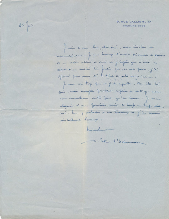 René Patris d'Uckermann Hébert lettre autographe signée amitié Marcel Gras