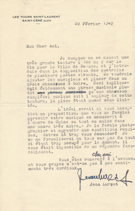 Jean LURÇAT lettre signée tapisserie Beaune musée du vin autographe