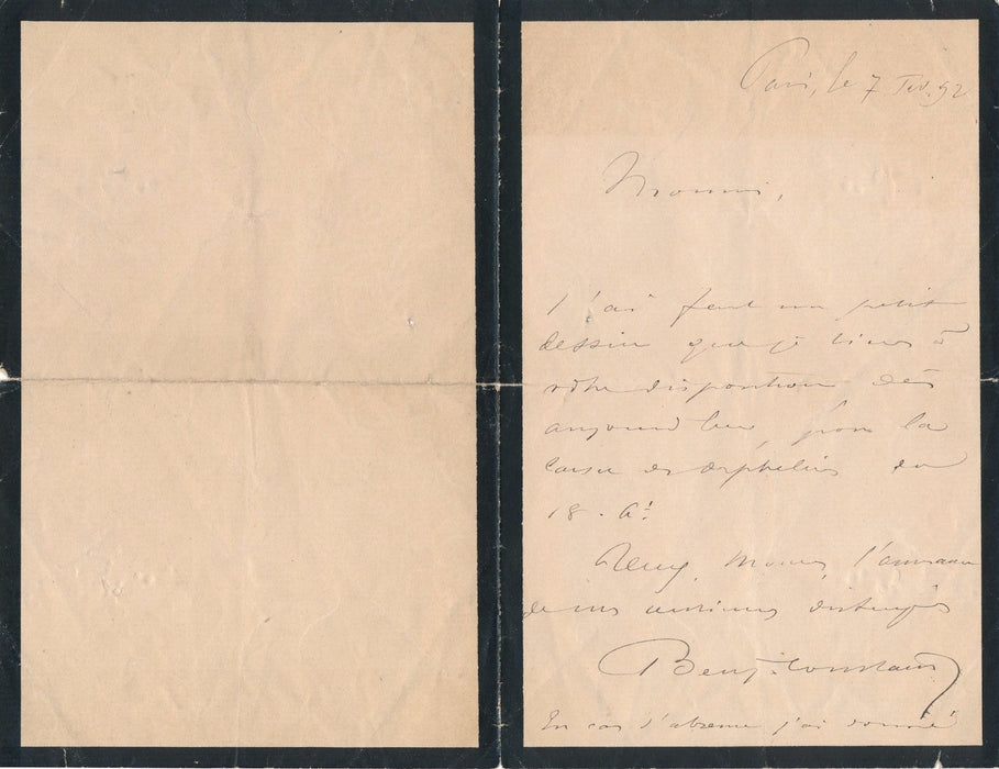 art Benjamin Constant lettre autographe signée cause des orphelin 1892