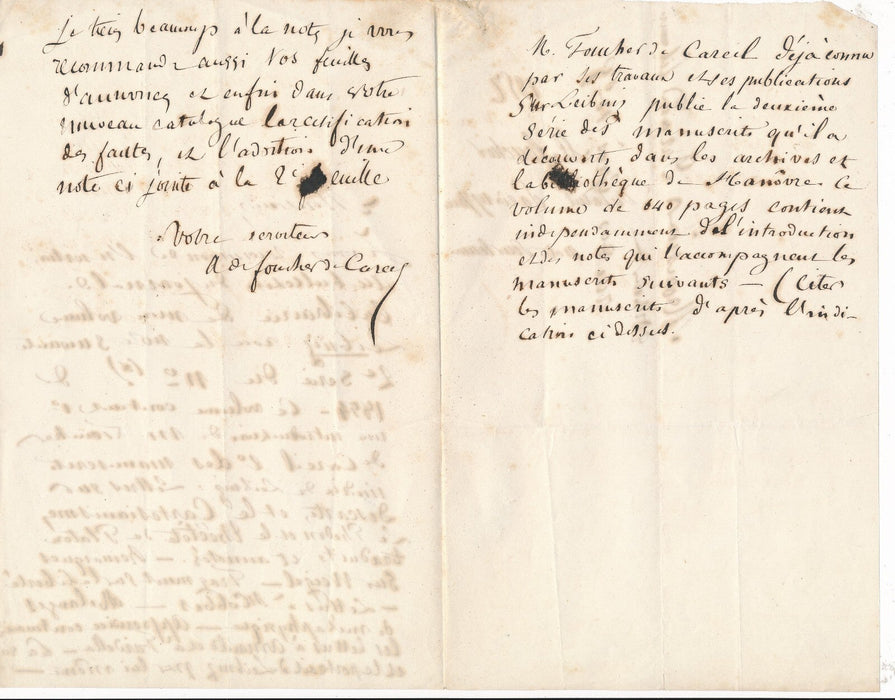 FOUCHER DE CAREIL annonce son LEIBNIZ 2e série manuscrit autographe lettre
