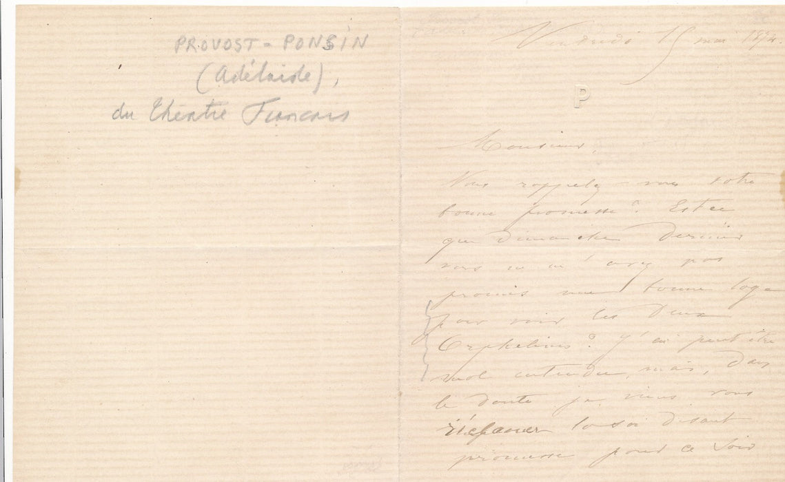 Adélaïde Zélia PONSIN Provost 2 lettres autographes Lady Tartuffe 2 Orphelines
