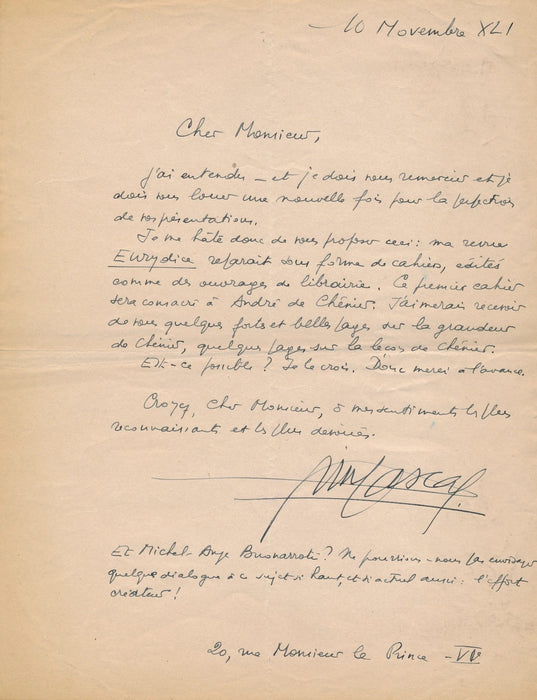 littérature Pierre Pascal poésie André Chénier lettre autographe signée