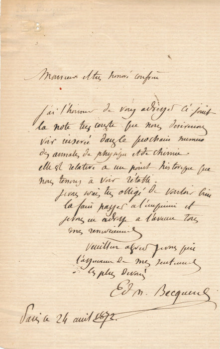 Edmond BECQUEREL un point historique à rétablir Lettre autographe signée 