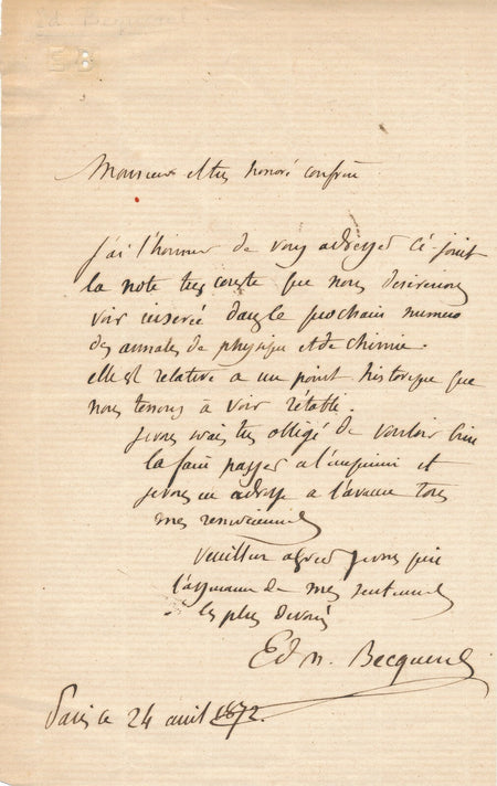 Edmond BECQUEREL un point historique à rétablir Lettre autographe signée 