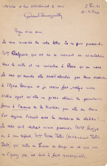 Gustave SAMAZEUILH réfléchit avec Woollett à la distribution chant violon