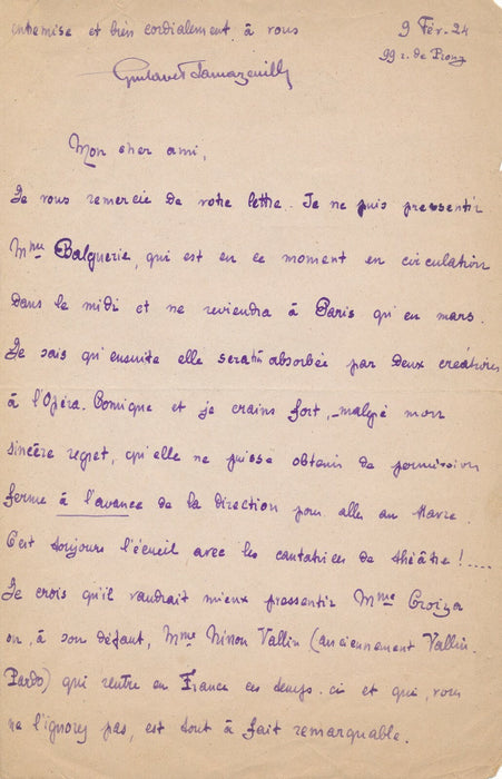 Gustave SAMAZEUILH réfléchit avec Woollett à la distribution chant violon