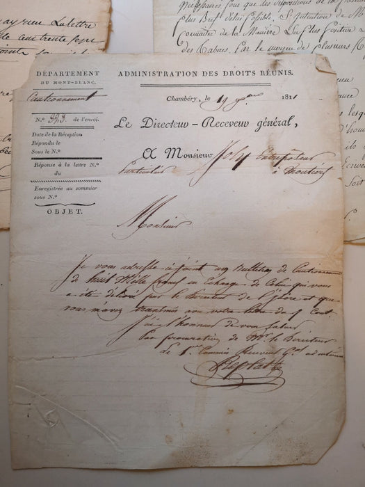 M. Joly entreposeur de tabacs, 1813, département Mont-Blanc documents époque