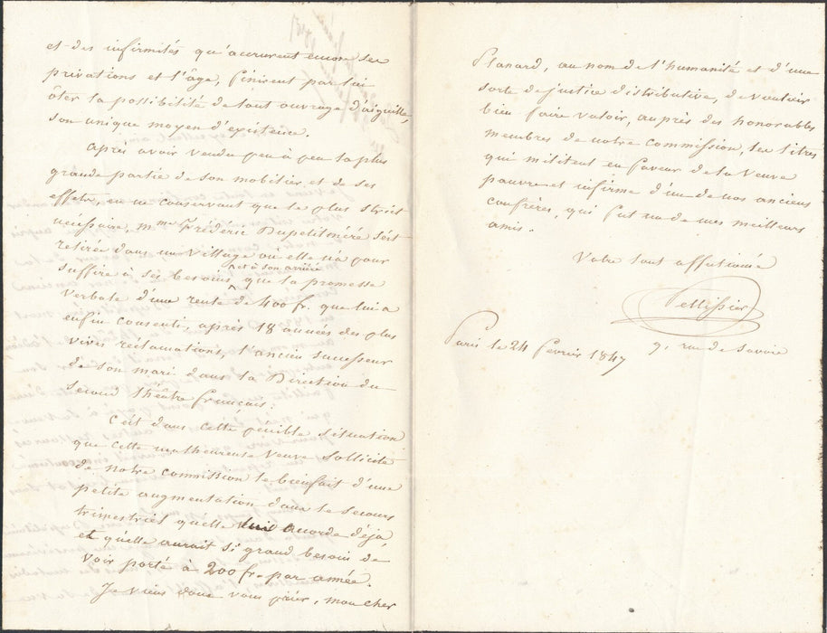 Jean-Baptiste PELLISSIER sur Frédéric Dupetit-Méré veuve aide lettre autographe