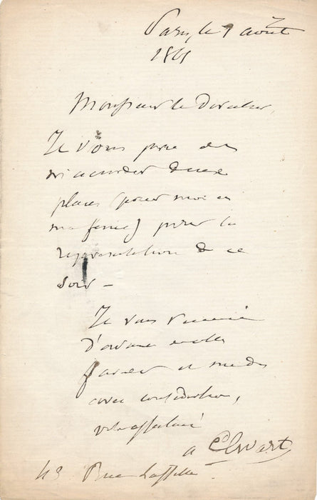 Antoine ELWART demande des places lettre autographe signée