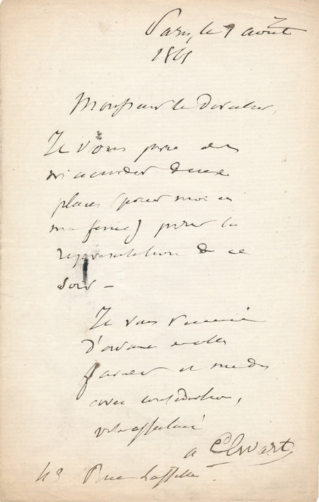 Antoine ELWART demande des places lettre autographe signée