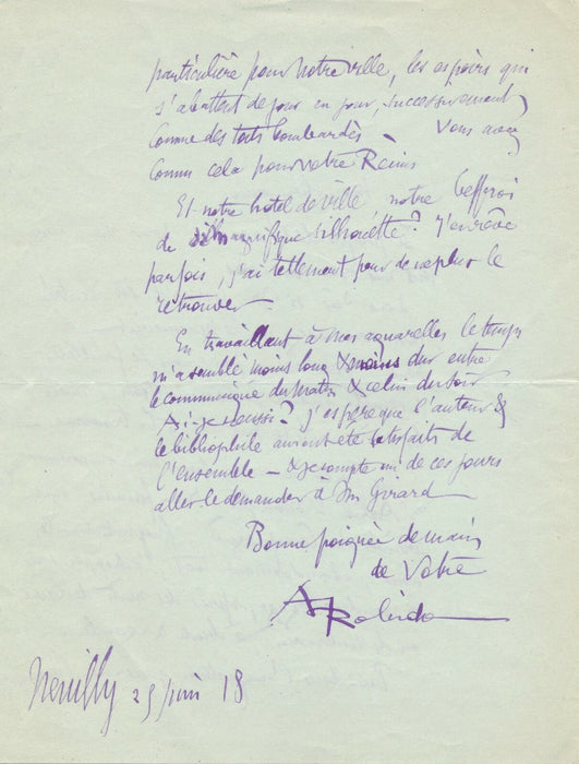 Albert ROBIDA peur pour le beffroi de Compiègne lettre autographe signée P. Fort