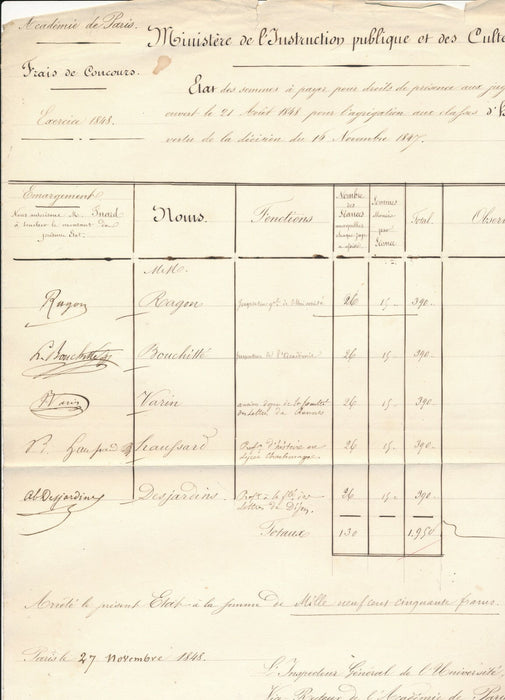 Histoire document autographe signé : RAGON BOUCHITTÉ HAUSSARD DESJARDINS 