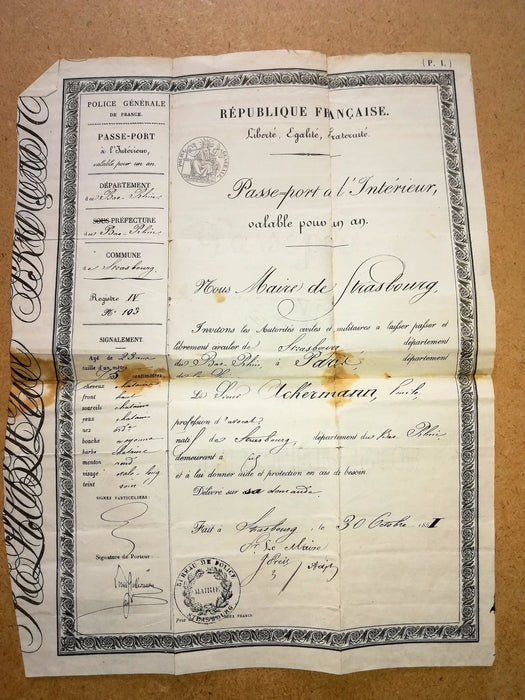 Passeport intérieur, 1851, mairie maire Strasbourg Ackermann Emile