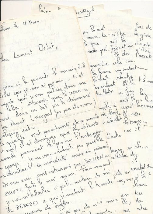 Revue SUCCION 7/8 1975 et lettre et manuscrit adressée à Laurent Debut