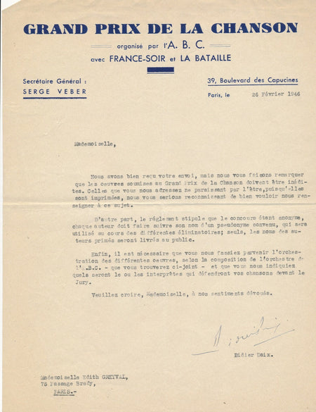 Grand Prix chanson Didier DAIX, 1946 lettre signée conditions concours GREYVAL 