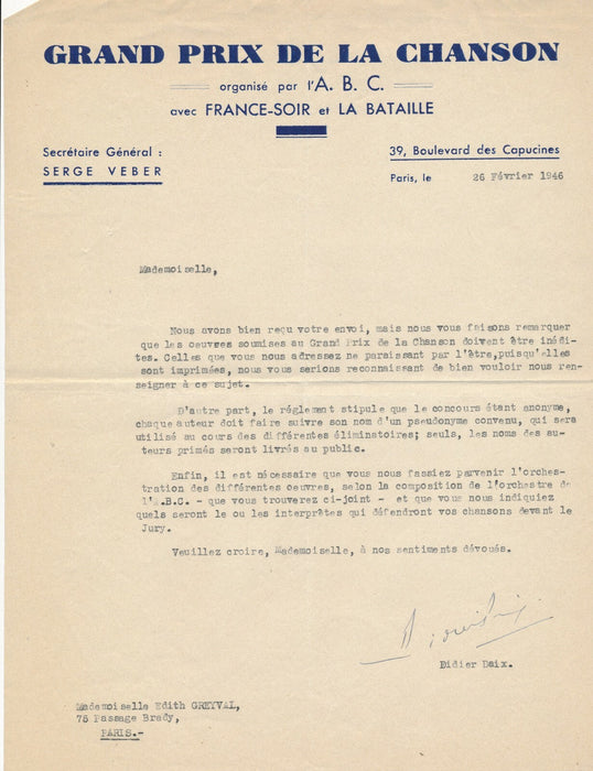 Grand Prix chanson Didier DAIX, 1946 lettre signée conditions concours GREYVAL 