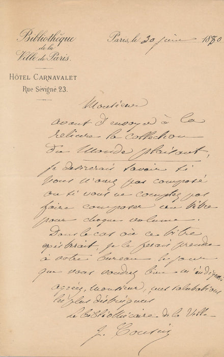 Jules COUSIN bibliothèque Carnavalet lettre autographe signée reliure journal
