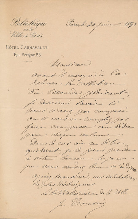 Jules COUSIN bibliothèque Carnavalet lettre autographe signée reliure journal