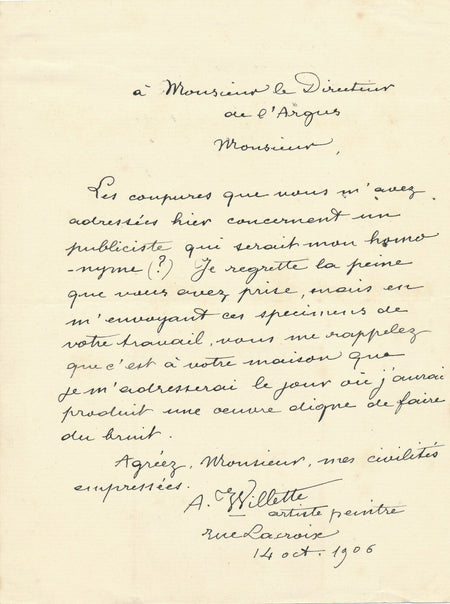 Adolphe WILLETTE une oeuvre digne de faire du bruit lettre autographe signée