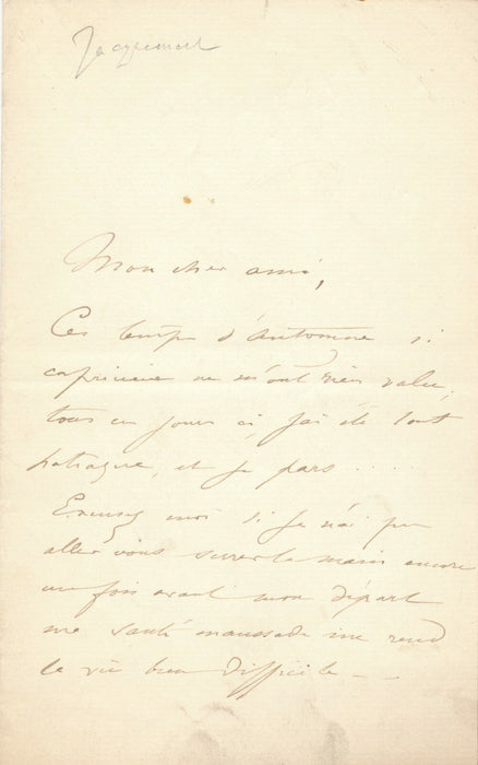 Jules-Ferdinand JACQUEMART graveur : sa santé le rend maussade lettre autographe