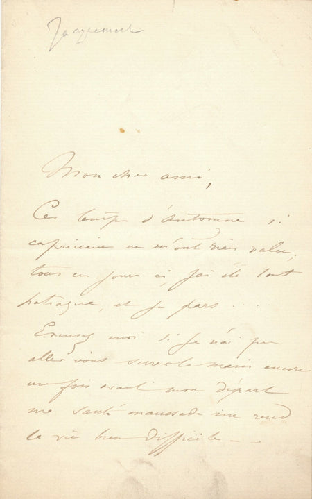 Jules-Ferdinand JACQUEMART graveur : sa santé le rend maussade lettre autographe