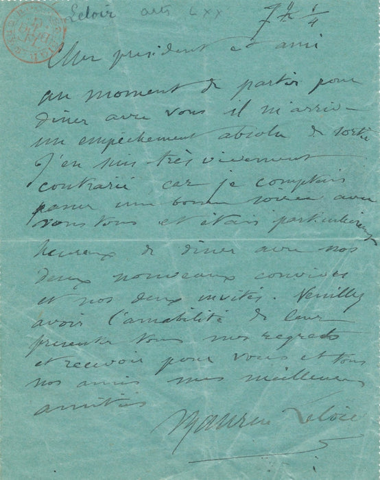peintre maurice Leloir autographe signée à Jean Guiffrey dîner de la Modestie