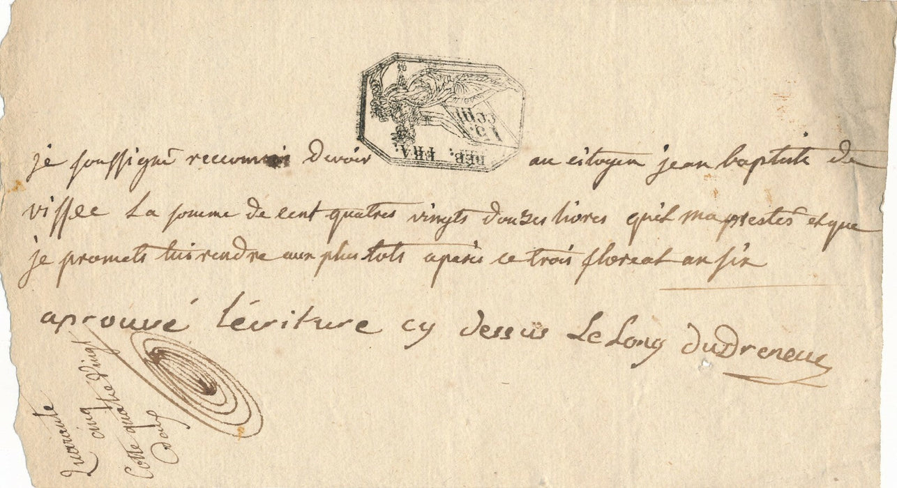Famille Le Long du Dreneuc reconnaissance de dette autographe signé