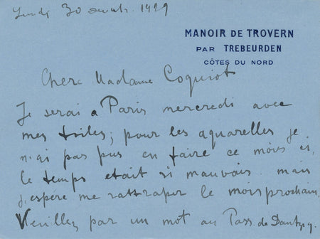 Henri EPSTEIN Carte autographe signée adressée à Madame Coquiot aquarelles