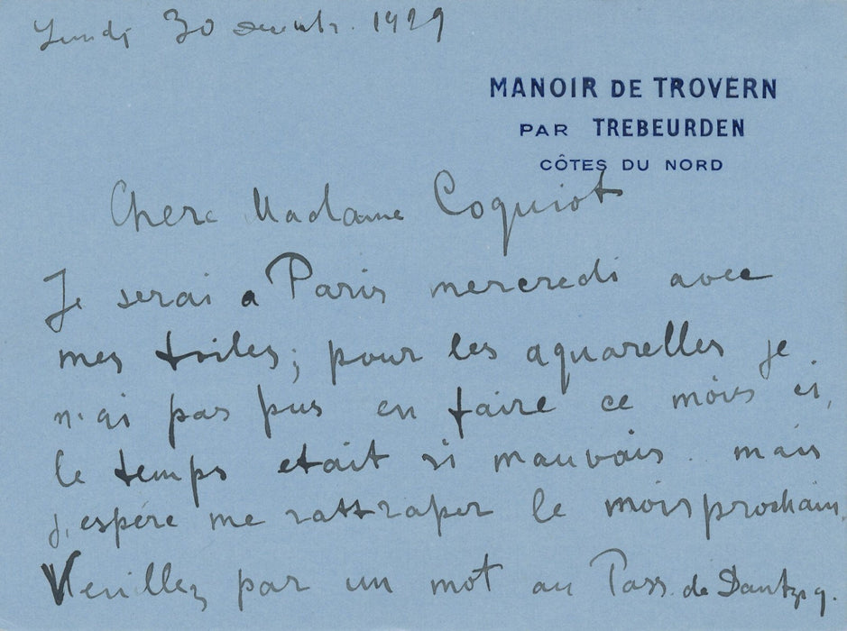 Henri EPSTEIN Carte autographe signée adressée à Madame Coquiot aquarelles