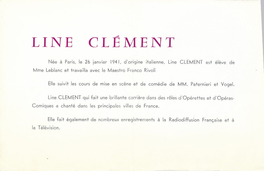 Line CLEMENT artiste lyrique opéra opérette photo photographie et fascicule